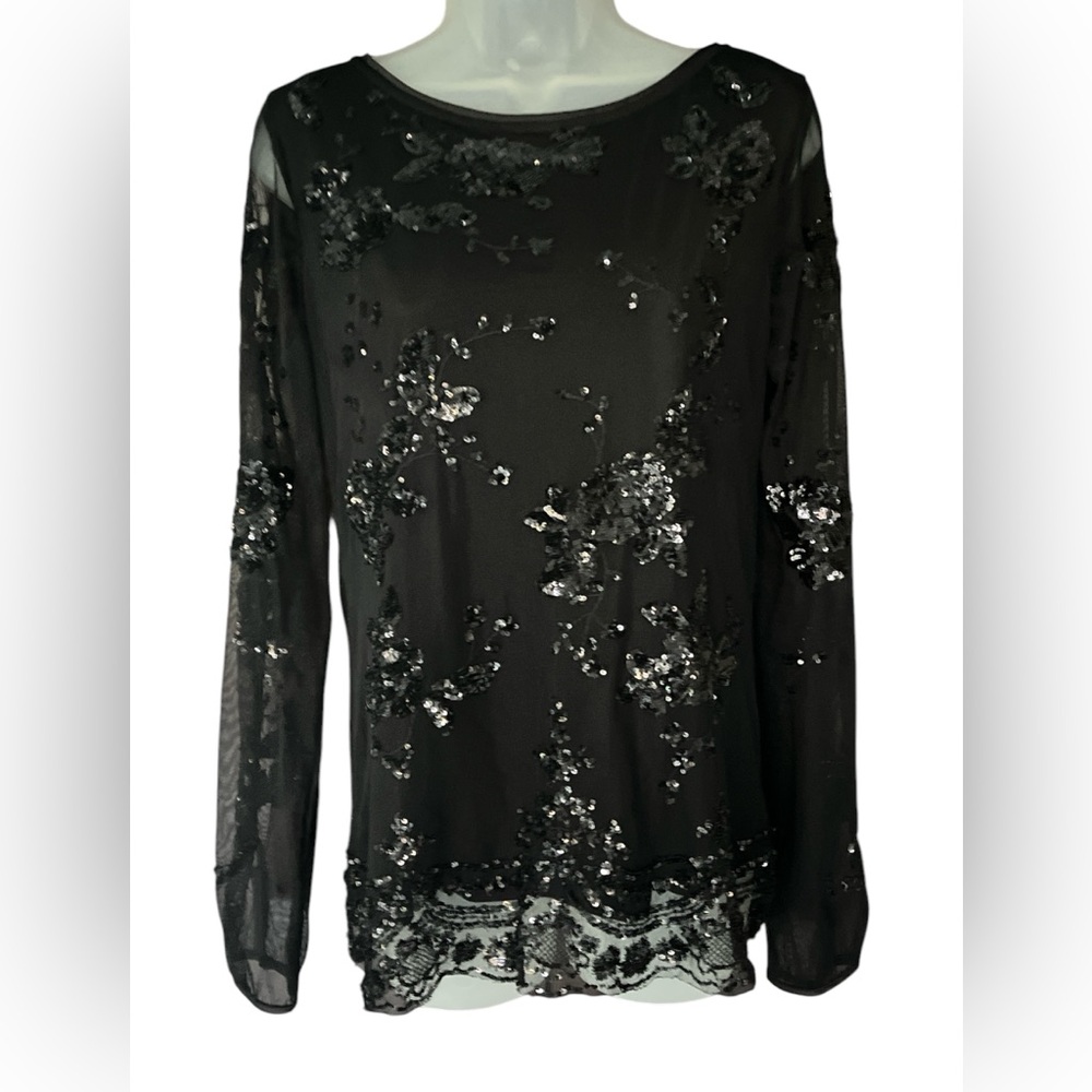 WHBM Sequined Black Holiday Top